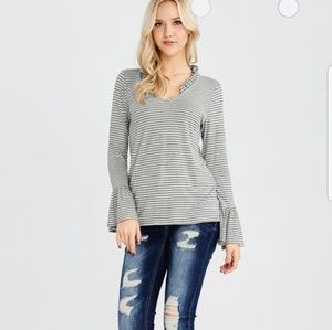 Long Sleeve V Neck With Ruffles Striped